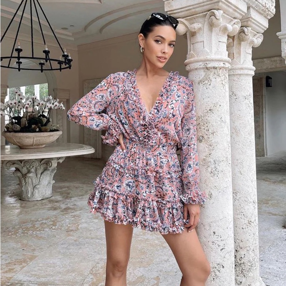 Misa Los Angeles Floral Long Sleeve Dress in Pink and Blue